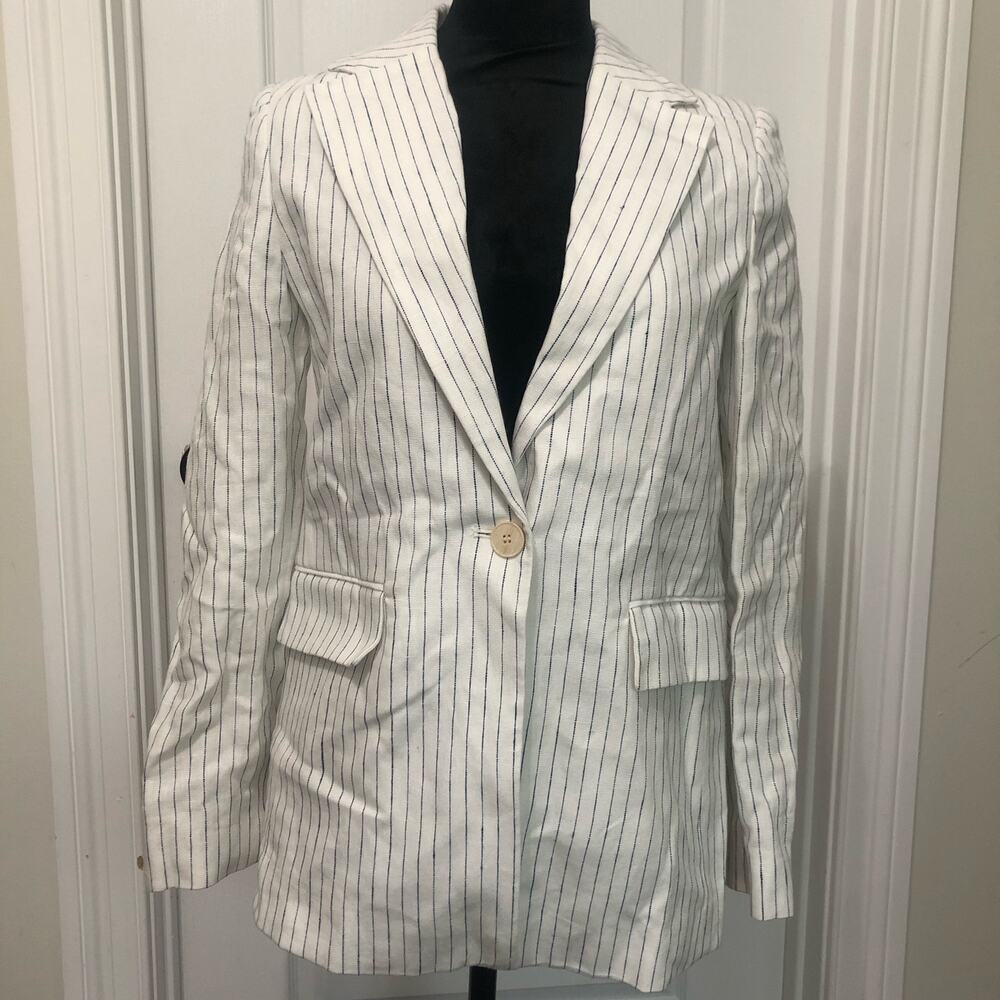 Mango Americana 100Mauro Womens Size XS White Navy Pinstripe Linen Blazer New - Picture 2 of 9
